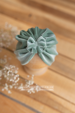 Baby turban hat, velvet, newborn, sage green, bow, RTS