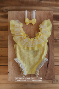 Baby newborn girl romper and tieback lemon yellow, frilly lace, boho, RTS