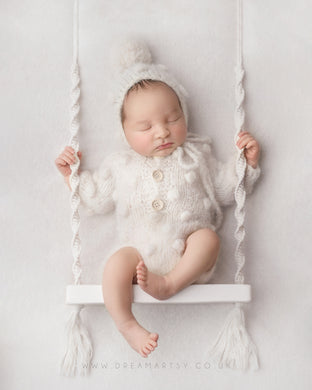 Baby newborn bubble knitted romper and bonnet set, off white, made to order