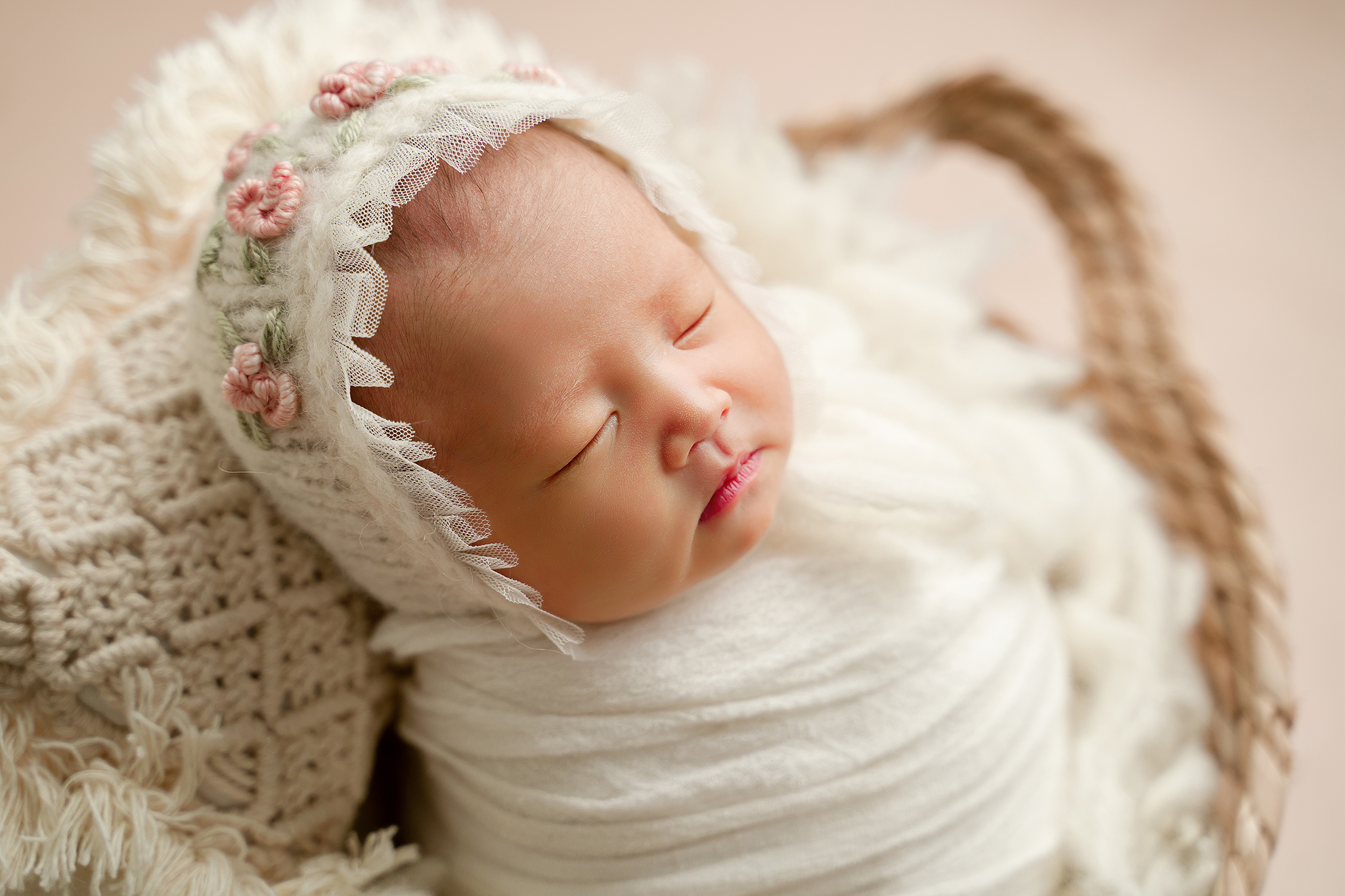Knitted Baby newborn girl bonnet hat cream blush Embroidered made to order