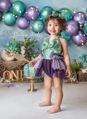Baby 9-18 months size romper, headband set, tulle, purple, teal, sequin, mermaid, made to order