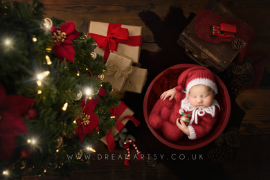 Baby newborn knitted footed pyjama romper, hat, collar, Red, white, Made to order