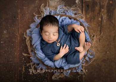 Baby Newborn romper, hooded, blue, buttons, made to order