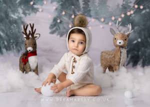 6-12 size romper and bonnet, cream, fur pom pom, made to order