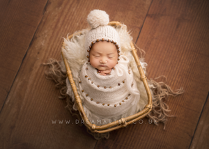 Baby newborn knitted beaded wrap and bonnet, cream, boho, made to order